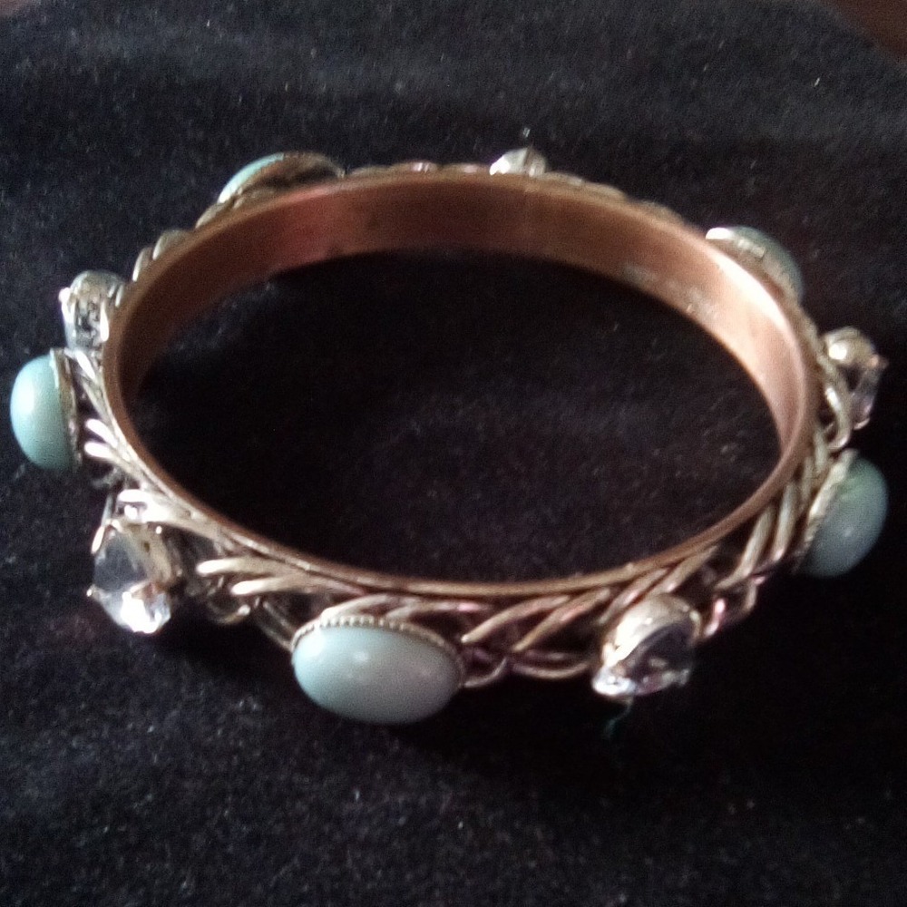 Vintage Mixed Metal Bangle Braided Wire Heart Rhinestone Turquoise Bracelet‎